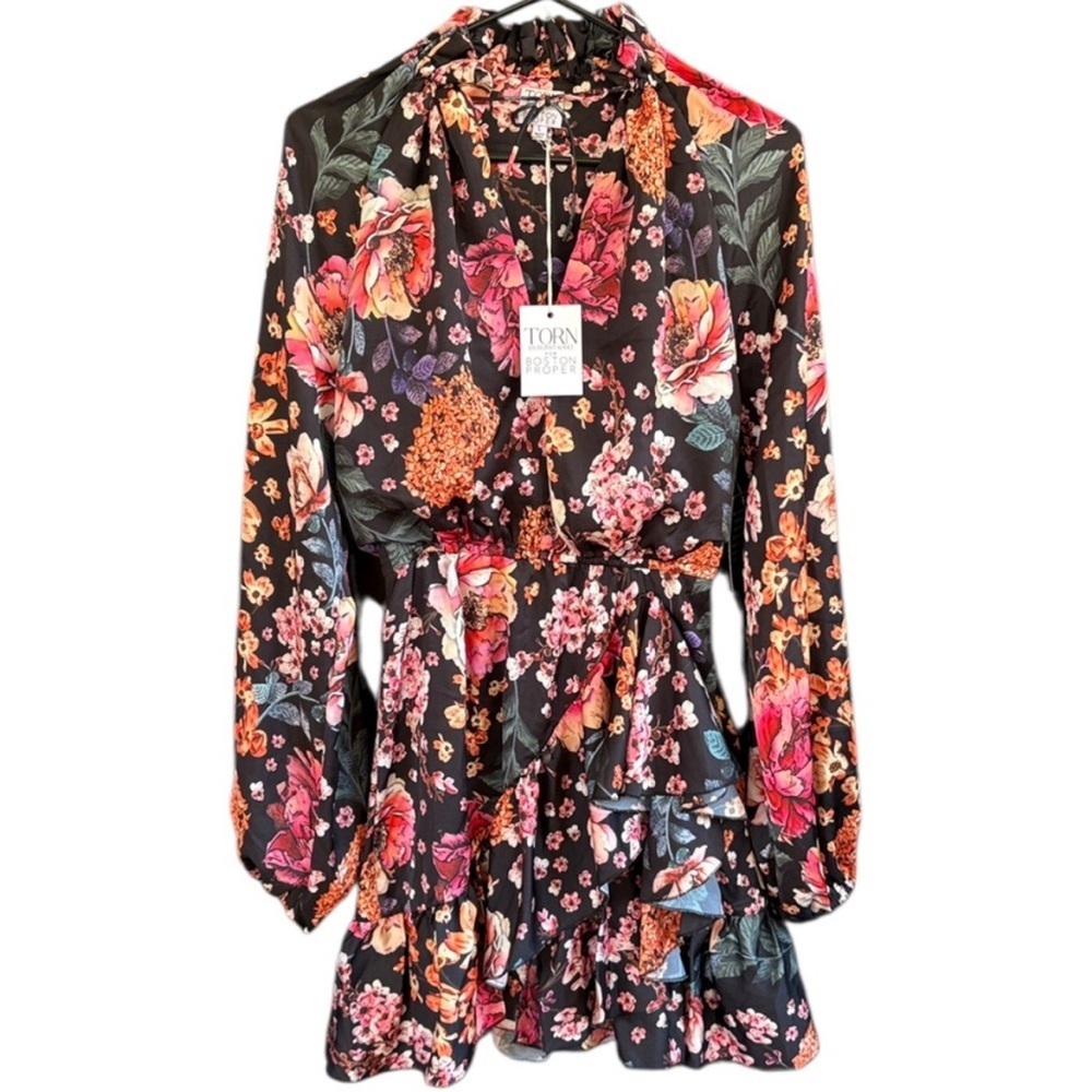NWT Boston Proper X Ronny Kobo Black Floral Ruffle Puff Sleeve Dress Size Large